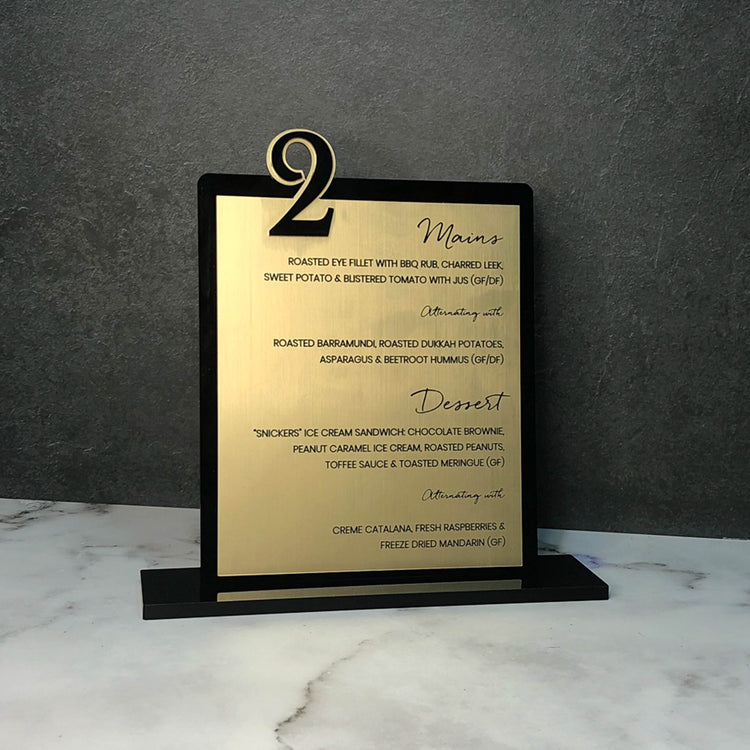 Two toned engraved menu with table number